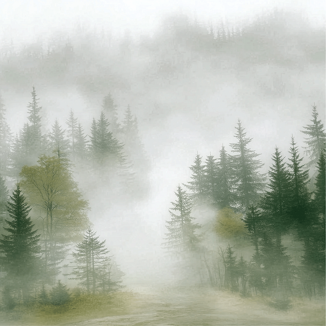 Forest wall art print with layered mist and soft tree silhouettes, calm modern decor