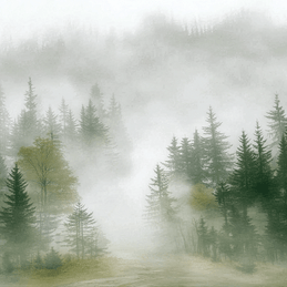 Forest wall art print with layered mist and soft tree silhouettes, calm modern decor