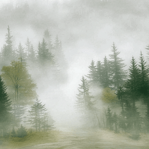 Forest wall art print with layered mist and soft tree silhouettes, calm modern decor