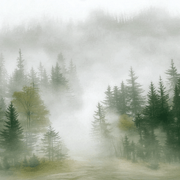Forest wall art print with layered mist and soft tree silhouettes, calm modern decor