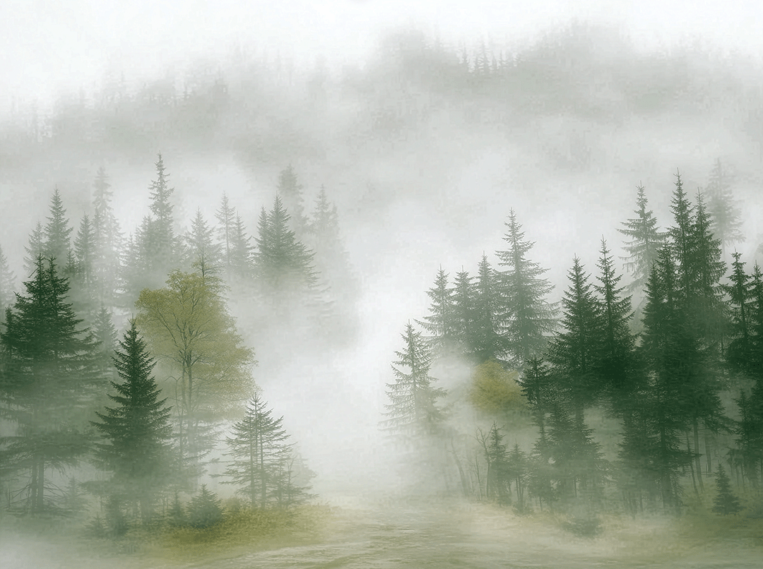 Forest wall art print with layered mist and soft tree silhouettes, calm modern decor