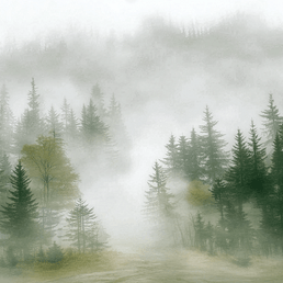 Forest wall art print with layered mist and soft tree silhouettes, calm modern decor