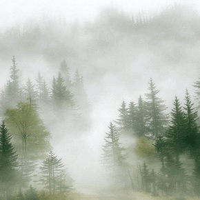 Forest wall art print with layered mist and soft tree silhouettes, calm modern decor