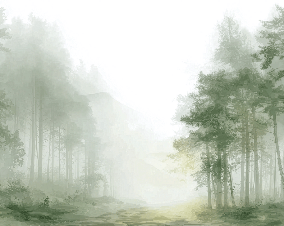 Forest wall art print with hidden pathway and soft light, peaceful nature decor for modern interiors