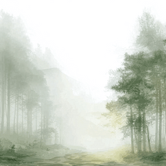 Forest wall art print with hidden pathway and soft light, peaceful nature decor for modern interiors
