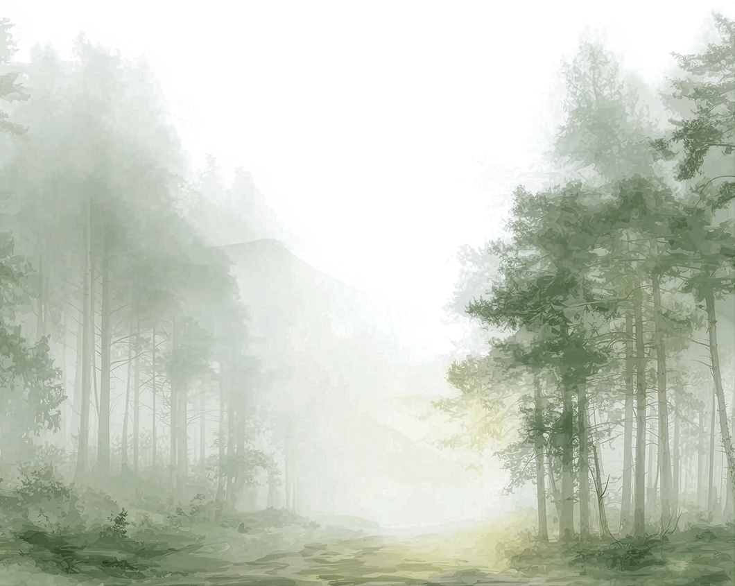 Forest wall art print with hidden pathway and soft light, peaceful nature decor for modern interiors