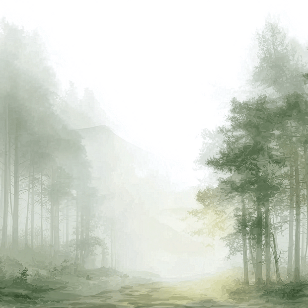 Forest wall art print with hidden pathway and soft light, peaceful nature decor for modern interiors