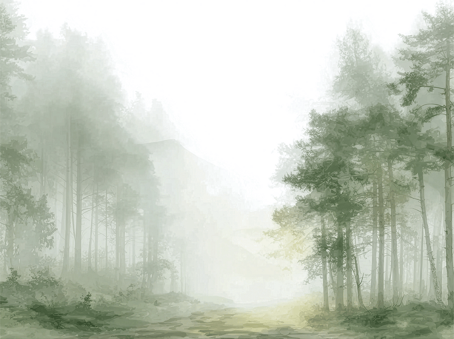 Forest wall art print with hidden pathway and soft light, peaceful nature decor for modern interiors