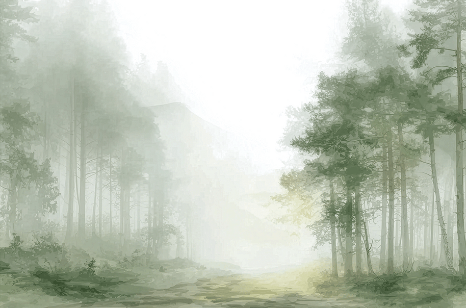 Forest wall art print with hidden pathway and soft light, peaceful nature decor for modern interiors