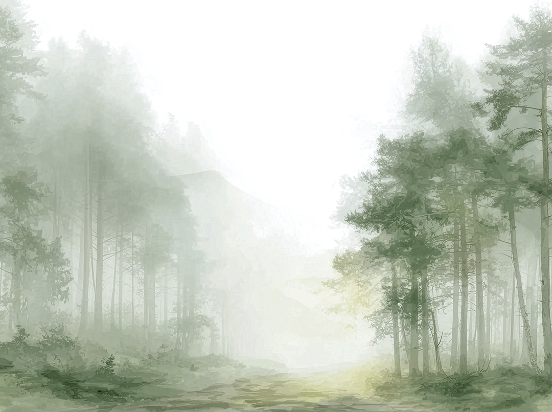 Forest wall art print with hidden pathway and soft light, peaceful nature decor for modern interiors