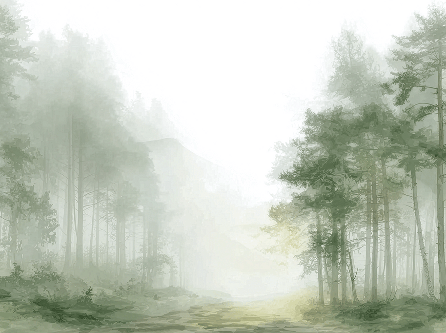 Forest wall art print with hidden pathway and soft light, peaceful nature decor for modern interiors