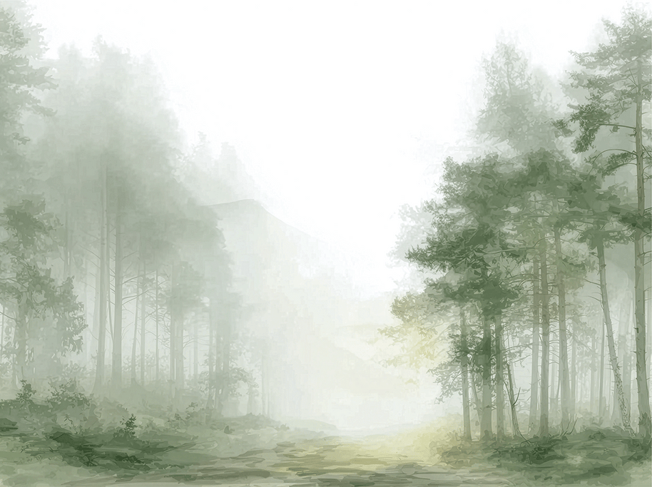 Forest wall art print with hidden pathway and soft light, peaceful nature decor for modern interiors