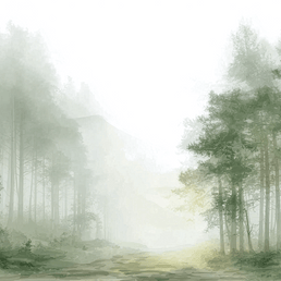 Forest wall art print with hidden pathway and soft light, peaceful nature decor for modern interiors