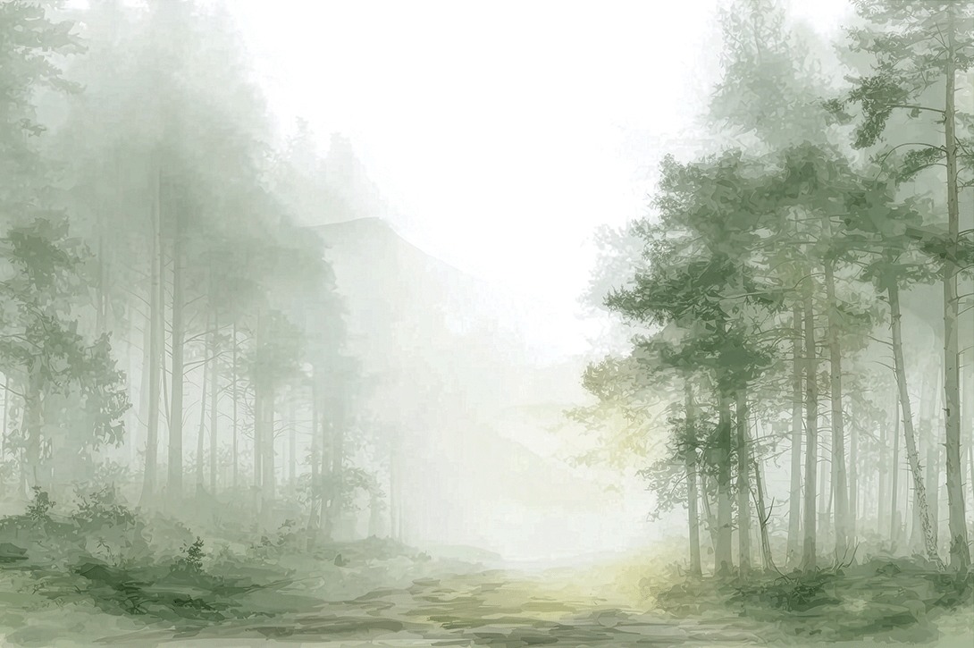 Forest wall art print with hidden pathway and soft light, peaceful nature decor for modern interiors