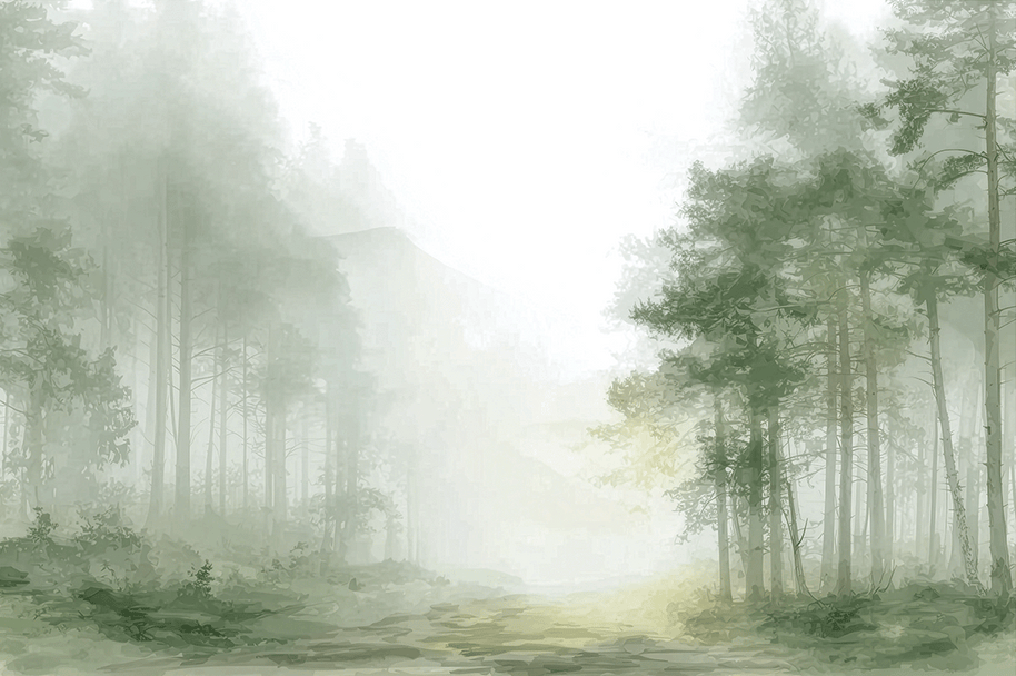 Forest wall art print with hidden pathway and soft light, peaceful nature decor for modern interiors