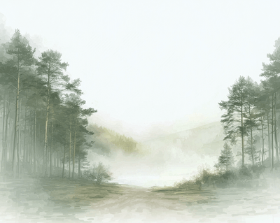 Forest wall art print with misty path and soft trees, calm nature decor for modern home