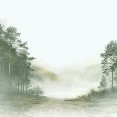 Forest wall art print with misty path and soft trees, calm nature decor for modern home