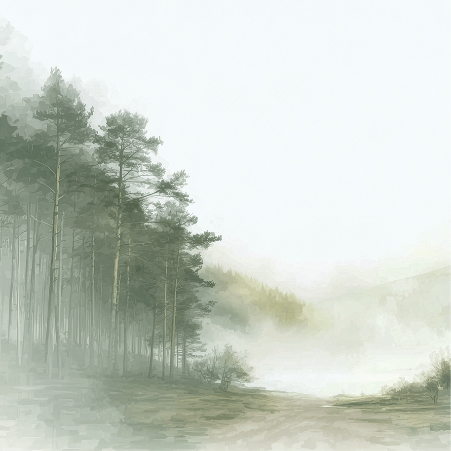 Forest wall art print with misty path and soft trees, calm nature decor for modern home