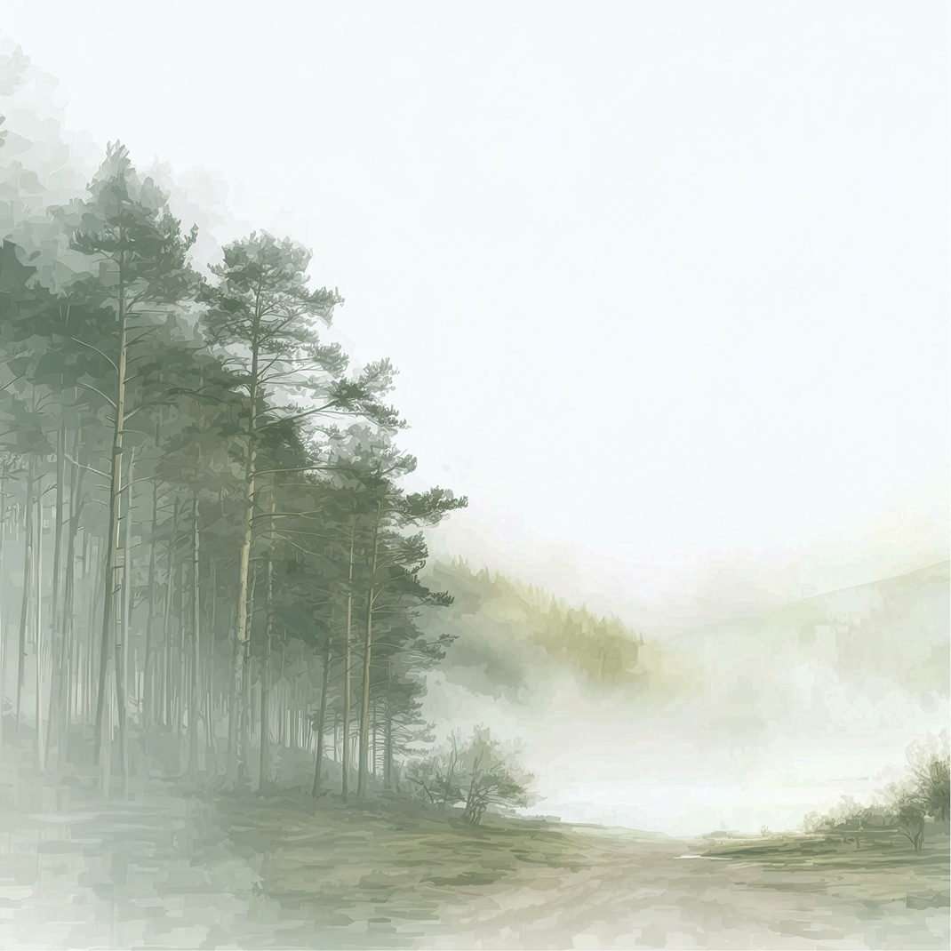 Forest wall art print with misty path and soft trees, calm nature decor for modern home