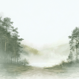 Forest wall art print with misty path and soft trees, calm nature decor for modern home