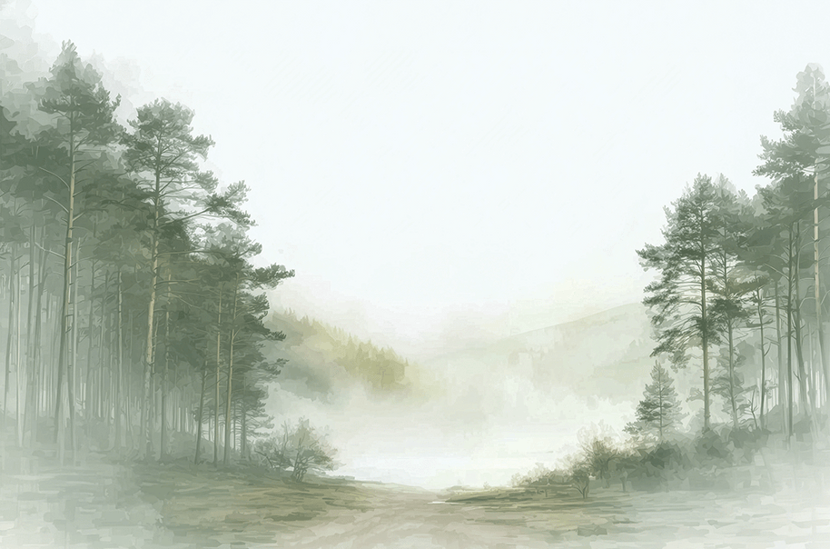 Forest wall art print with misty path and soft trees, calm nature decor for modern home