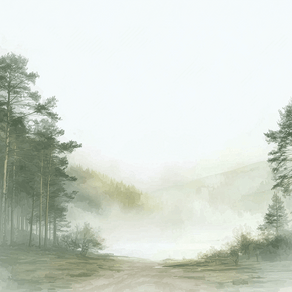 Forest wall art print with misty path and soft trees, calm nature decor for modern home