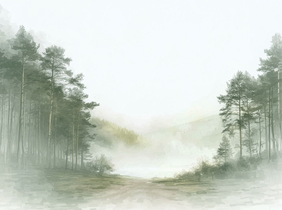 Forest wall art print with misty path and soft trees, calm nature decor for modern home