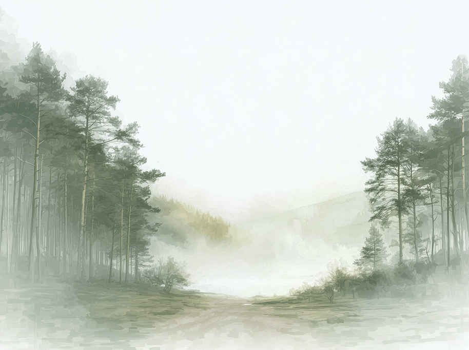 Forest wall art print with misty path and soft trees, calm nature decor for modern home