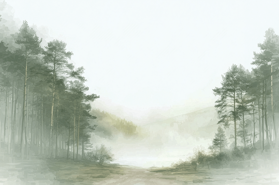 Forest wall art print with misty path and soft trees, calm nature decor for modern home