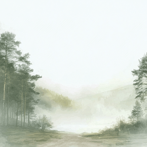 Forest wall art print with misty path and soft trees, calm nature decor for modern home
