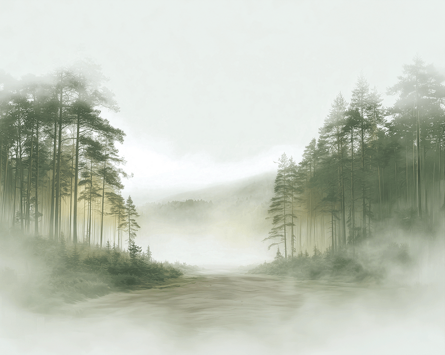 Forest wall art print with soft clearing and gentle light, peaceful decor for modern interiors
