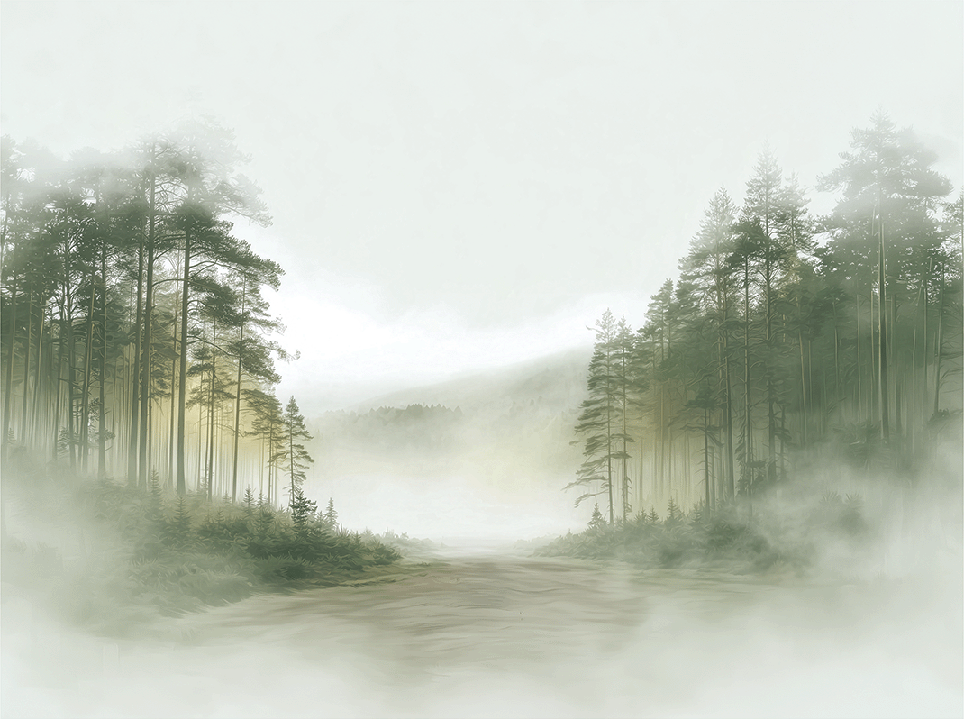 Forest wall art print with soft clearing and gentle light, peaceful decor for modern interiors