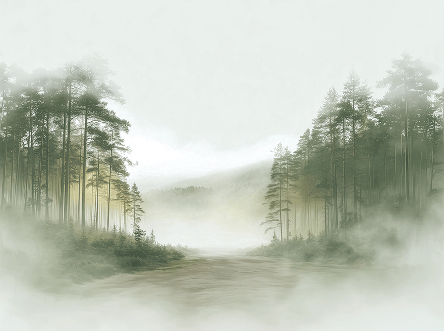 Forest wall art print with soft clearing and gentle light, peaceful decor for modern interiors