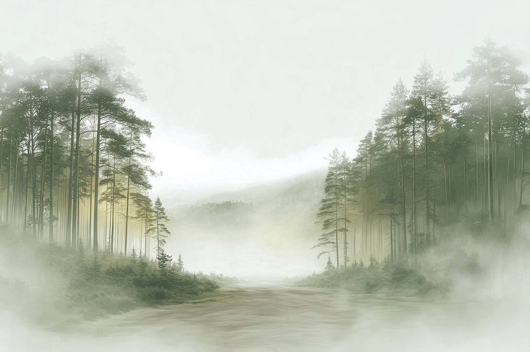 Forest wall art print with soft clearing and gentle light, peaceful decor for modern interiors