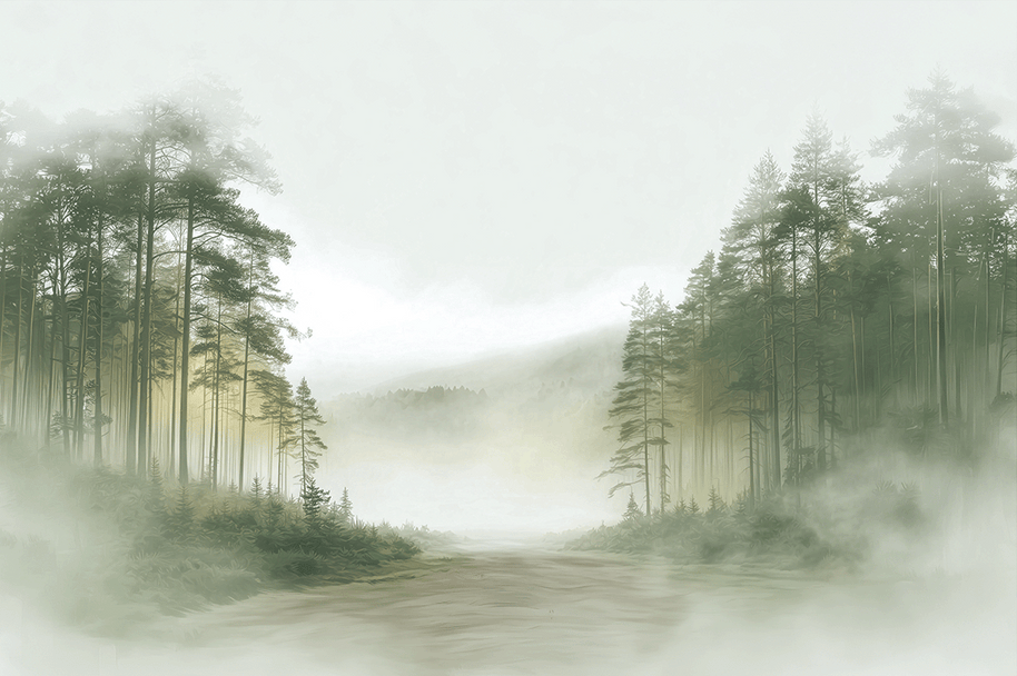 Forest wall art print with soft clearing and gentle light, peaceful decor for modern interiors