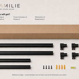 What you will get - Framilie frame kit: 2 long side rails, 2 short side rails, 4 corner connectors, 4 screws, 4 wall anchors and 1 bubble level, with flat-pack box