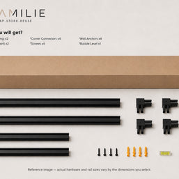 What you will get - the Framilie frame kit included in this set: 2 long side rails, 2 short side rails, 4 corner connectors, 4 screws, 4 wall anchors and 1 bubble level, flat-packed in one box