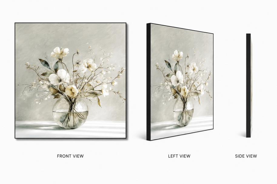 Golden Petals — cream and golden flowers on swappable fabric wall art, shown in a 24x24 inch Framilie aluminum frame from front, angle and side