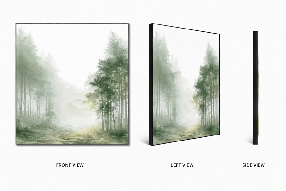 Hidden Pathway — faint path between misty trees on swappable fabric wall art, shown in a 24x24 inch Framilie aluminum frame from front, angle and side