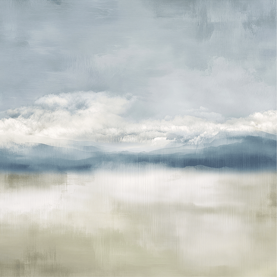 Neutral landscape wall art print with soft valley forms and misty depth, calm decor for modern interiors