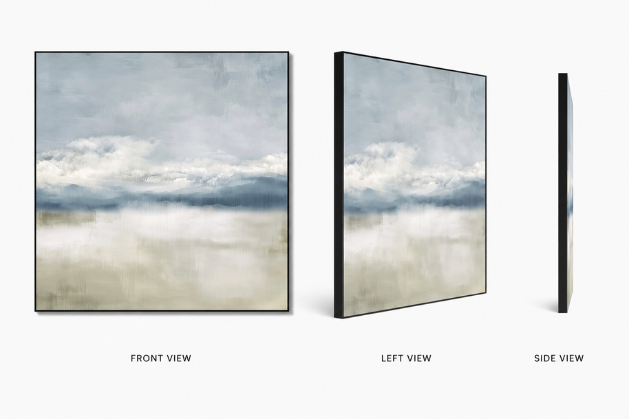 Hidden Valley — mist-covered valley on swappable fabric wall art, shown in a 24x24 inch Framilie aluminum frame from front, angle and side