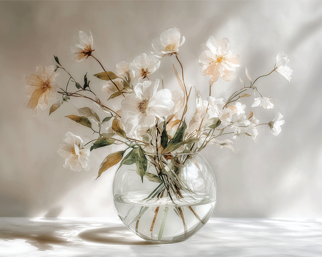 Light floral wall art print with soft morning tones and airy composition, peaceful decor for modern living