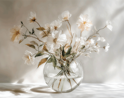 Light floral wall art print with soft morning tones and airy composition, peaceful decor for modern living