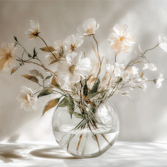 Light floral wall art print with soft morning tones and airy composition, peaceful decor for modern living