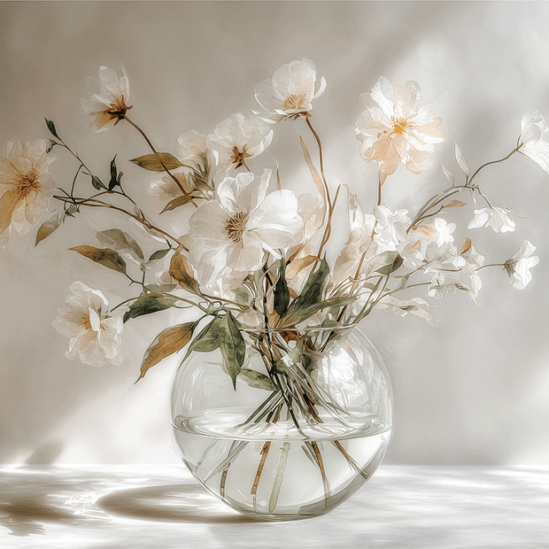 Light floral wall art print with soft morning tones and airy composition, peaceful decor for modern living