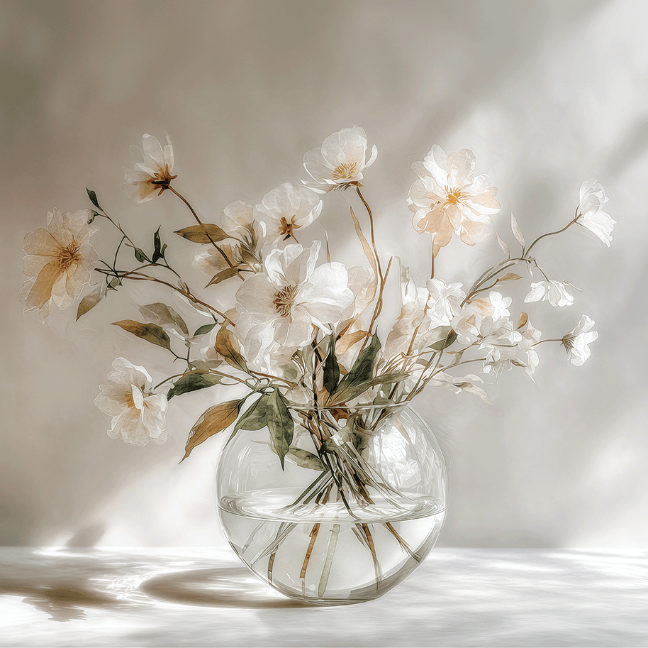 Light floral wall art print with soft morning tones and airy composition, peaceful decor for modern living