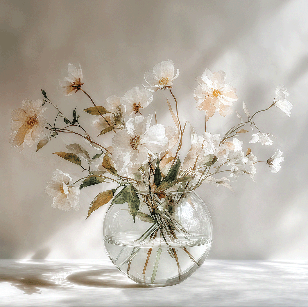 Light floral wall art print with soft morning tones and airy composition, peaceful decor for modern living