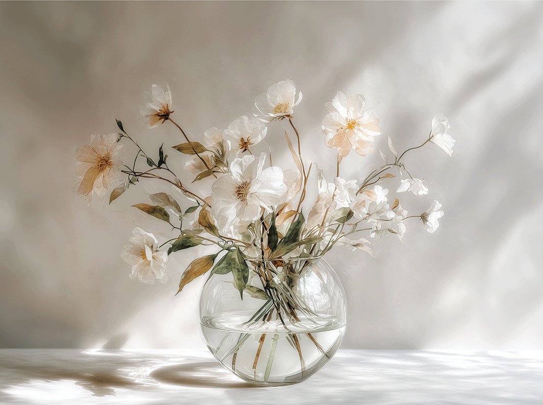 Light floral wall art print with soft morning tones and airy composition, peaceful decor for modern living