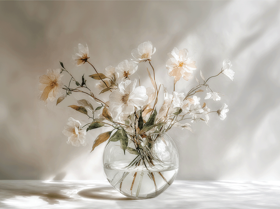 Light floral wall art print with soft morning tones and airy composition, peaceful decor for modern living
