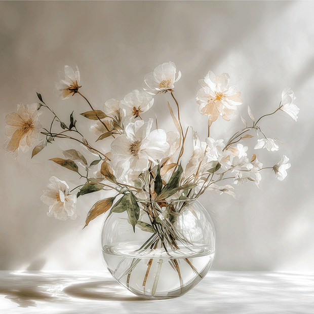 Light floral wall art print with soft morning tones and airy composition, peaceful decor for modern living